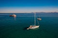 Amazing view to Yacht sailing in open sea at windy day. Royalty Free Stock Photo