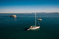 Amazing view to Yacht sailing in open sea at windy day. Royalty Free Stock Photo