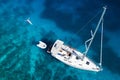Amazing view to yacht, swimming woman and clear water in caribbean paradise Royalty Free Stock Photo