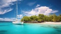 amazing view to yacht, swimming woman and clear water caribbean paradise Royalty Free Stock Photo