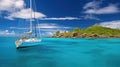 amazing view to yacht, swimming woman and clear water caribbean paradise Royalty Free Stock Photo