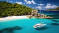 amazing view to yacht, swimming woman and clear water caribbean paradise Royalty Free Stock Photo