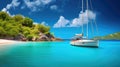 amazing view to yacht, swimming woman and clear water caribbean paradise Royalty Free Stock Photo