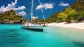 amazing view to yacht, swimming woman and clear water caribbean paradise Royalty Free Stock Photo