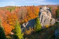 Amazing view of Tustan fortress in Carpathian Mountains, Ukraine at sunny autumn day