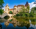 Amazing view of Vajdahunyad Castle reflected in the water in main City Park, Budapest, Hungary Royalty Free Stock Photo