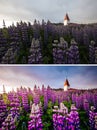 Amazing view of Vikurkirkja christian church, Iceland. Images before and after Royalty Free Stock Photo