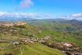 Amazing view of village Calascibetta in Sicily taken with adjacent green hilly landscape. Photographed from the view point in Enna