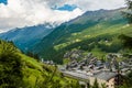 Amazing view of the Zermatt and slopes of the Swiss Alps. Summer view of village. Idyllic outdoor scene in Switzerland