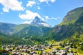 Amazing view of Zermatt village, Switzerland. Famous mountain Matterhorn in background with snow on top. Beautiful Swiss nature. Royalty Free Stock Photo