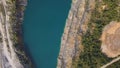 Amazing views over the trees and lakes during the Autumn season. Shot. Top view on Azure shore of a lake with forest Royalty Free Stock Photo