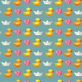 Amazing vintage duck blue pattern with hearts and paper ship