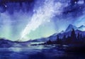 Amazing watercolor landscape of beautiful night sparkling with billions of stars. Milky way and shining constellations above lake Royalty Free Stock Photo