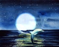Amazing watercolor landscape of night starry sky with huge full moon above deep calm sea and graceful dolphin jumping out of dark Royalty Free Stock Photo