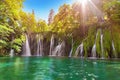 Amazing waterfall in Plitvice Lakes National Park with turquoise