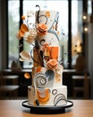 amazing white and blue wedding cake, creamy colors background, blurred backgroud