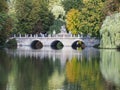 Amazing white bridge in baths park landscapes in Warsaw, european capital city of Poland in 2018 on September Royalty Free Stock Photo