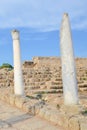 Amazing white Corinthian columns captured on a vertical photography with ancient ruins in the background and blue sky above