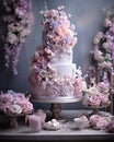 amazing white and pink wedding cake, creamy colors background, blurred backgroud