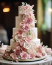 amazing white and pink wedding cake, creamy colors background, blurred backgroud