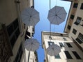 An amazing white umbrellas decoration over the city of Genova