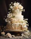 amazing white and yellow wedding cake, creamy colors background, blurred backgroud