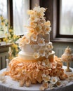 amazing white and yellow wedding cake, creamy colors background, blurred backgroud