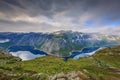 Amazing wide angle landscape of the Ringedalsvatnet Lake along the hiking trail for Trolltunga,  Norway Royalty Free Stock Photo