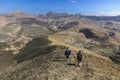 Amazing wide view of a group of hikers walking