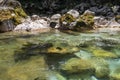 Amazing wild water in mala korita Soce valley, small pure clear turquoise flowing stream through stone gorge