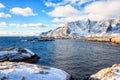 Amazing winter landscape, Lofoten Islands, Hamnoy, Norway. Scenic view of the snowy rocky mountains, water and blue sky with cloud Royalty Free Stock Photo