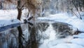 Amazing winter landscape in the public park. Scenic view of the river and reflection of frosty trees in the water. Panorama nature Royalty Free Stock Photo