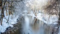 Amazing winter landscape in the public park. Scenic view of the river and reflection of frosty trees in the water. Panorama nature Royalty Free Stock Photo