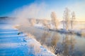 Amazing winter landscape on the river. The photographer takes pictures of landscapes in winter. The tree in hoarfrost is Royalty Free Stock Photo