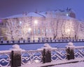 Amazing winter night cityscape with snowy trees and river. Artistic picture. Beauty world