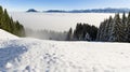 Amazing winter panoramic view to snowy Mountain Range above inversion fog clouds with forest trees. Sunny view from Royalty Free Stock Photo