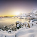 Amazing winter scenery of Moskenes village with ferryport