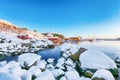 Amazing winter scenery of Moskenes village with ferryport and famous Moskenes parish Churc