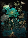 Amazing wonderful flowers, turquoise blue and turquoise green and gold japan ink and black background