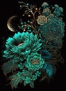 Amazing wonderful flowers, turquoise blue and turquoise green and gold japan ink and black background