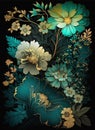 Amazing wonderful flowers, turquoise blue and turquoise green and gold japan ink and black background