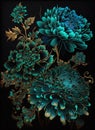 Amazing wonderful flowers, turquoise blue and turquoise green and gold japan ink and black background