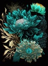 Amazing wonderful flowers, turquoise blue and turquoise green and gold japan ink and black background