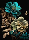 Amazing wonderful flowers, turquoise blue and turquoise green and gold japan ink and black background