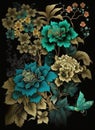 Amazing wonderful flowers, turquoise blue and turquoise green and gold japan ink and black background