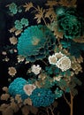 Amazing wonderful flowers, turquoise blue, turquoise green, white and gold japan ink and black background