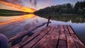 Amazing Wooden dock, pier, on a lake in the evening Royalty Free Stock Photo