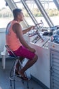 AMAZON, BRAZIL - JUNE 23, 2015: Helmsman of the boat Diamante which plies river Amazon between Tabatinga and Manaus