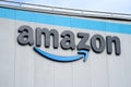 Amazon fulfilment center warehouse exterior with logo signage closeup in New York City