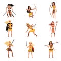 Amazon girls set, women warriors with spears, swords and bows vector Illustrations on a white background